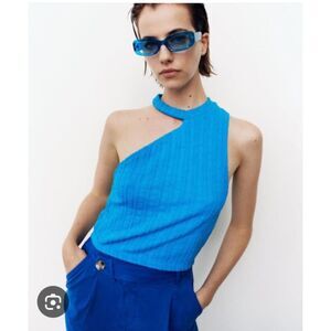 Zara Blue Asymmetrical Cutout Cable Knit Top Size Medium